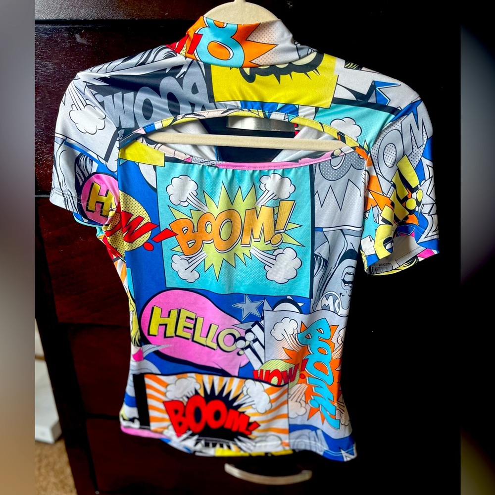 Comic book collared T-shirt with chest cut out
